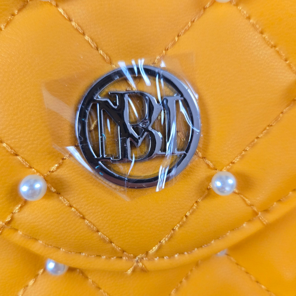 Badgley Mischka Mustard Yellow Quilted Pearl Chain Strap Luxe Phone Case Purse - Picture 5 of 9